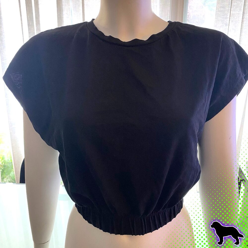 Zara Black Boxy Crop Top Size M Medium with Elastic Bottom Short Sleeve